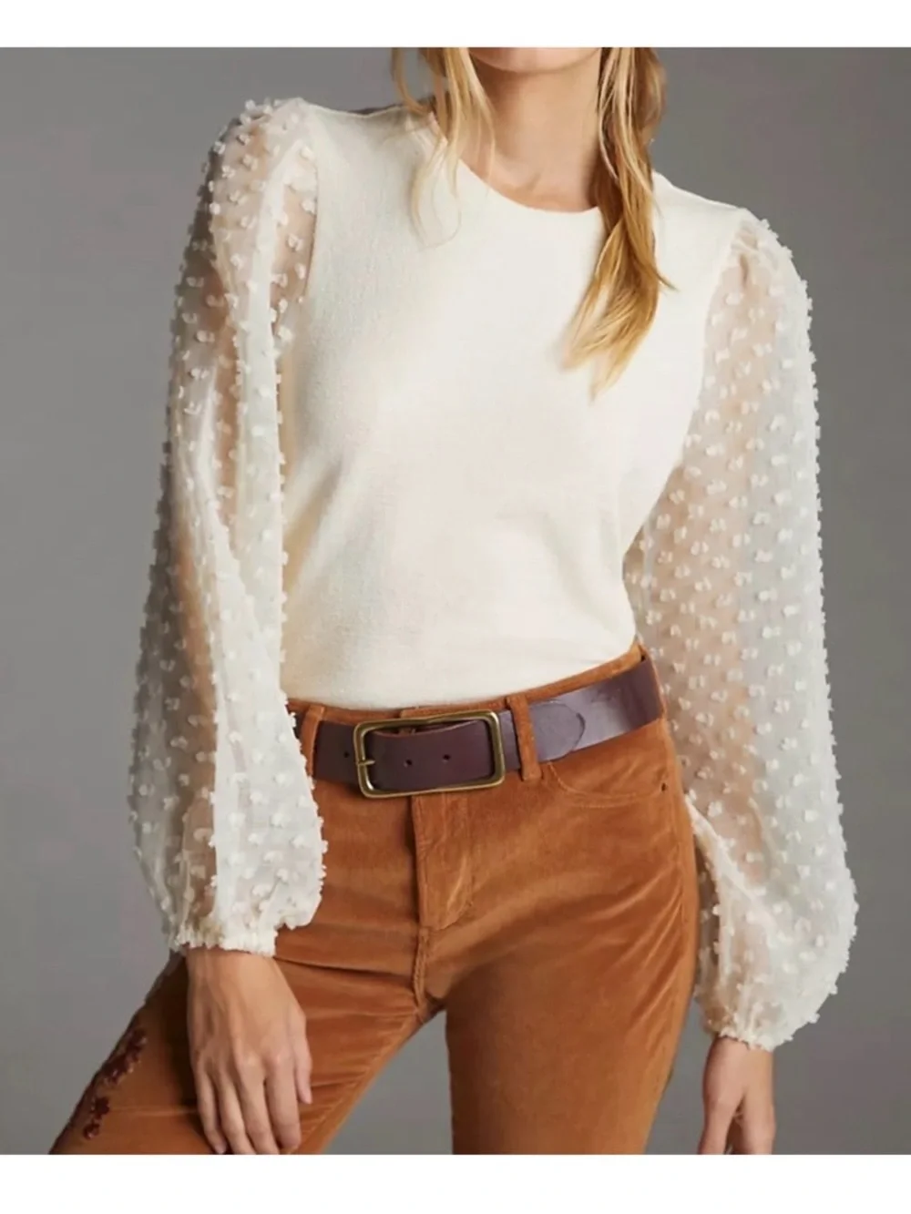 MAEVE x ANTHROPOLOGIE Ivory Textured Swiss Dot Puff-Sleeve Women's Top SMALL
